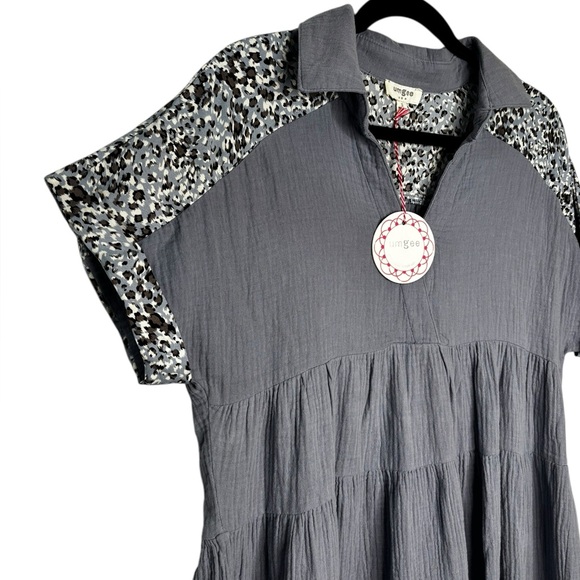 NEW Umgee Women's Ruffle Tiered Mini Dress Blue with Leopard Collar/Sleeves - Picture 2 of 11